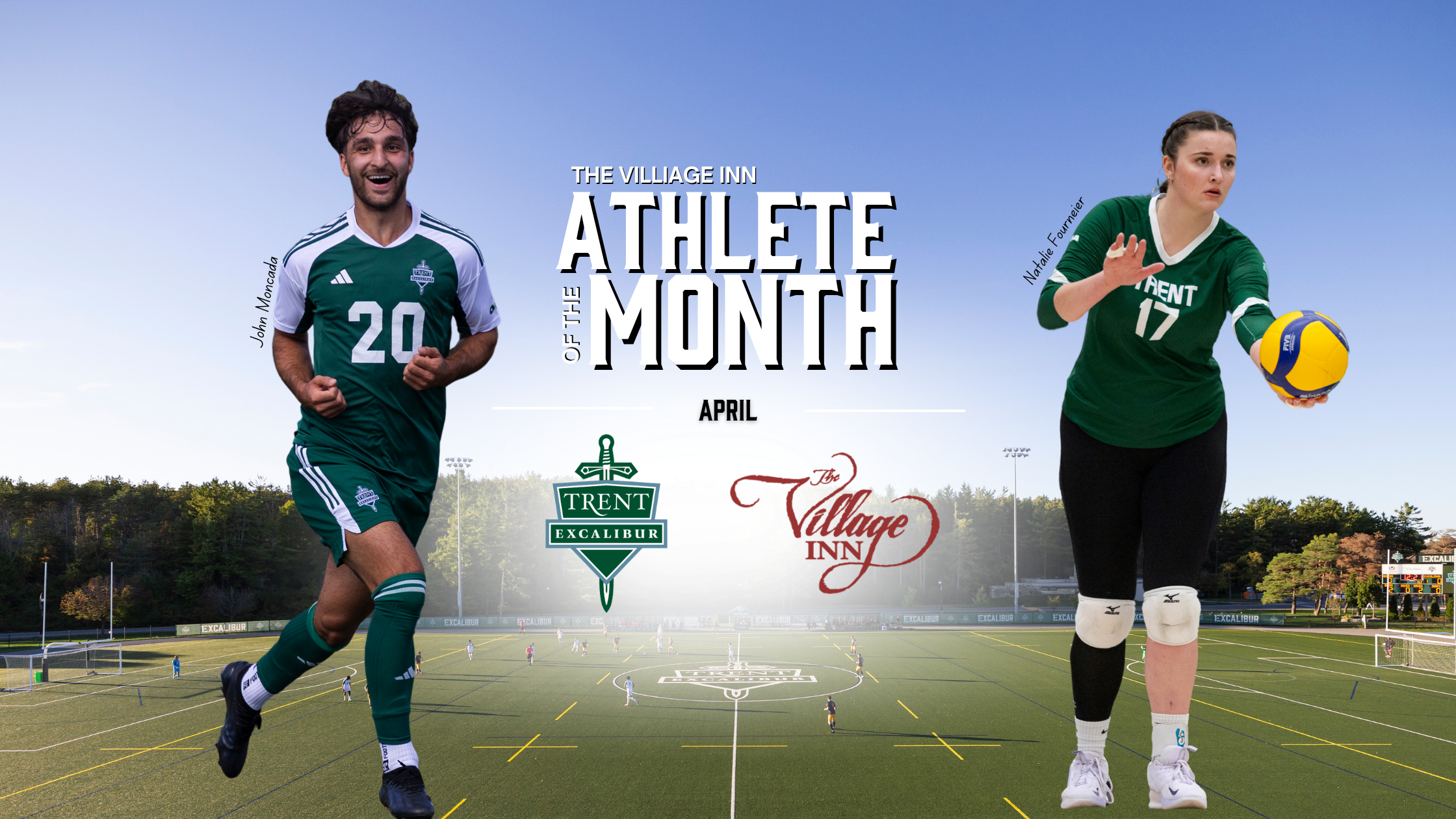 Background: Aerial shot of Justin Chiu Stadium on a sunny day. Cutout of John moncada playing soccer overlaid. Cutout of Natalie Fournier Playing volleyball overlaid.